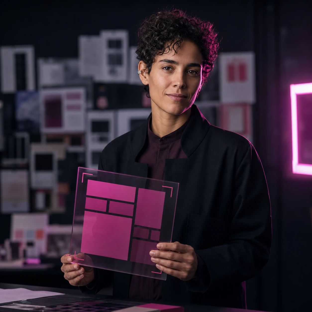 Drew holding a translucent fuchsia interface prototype in a dark design atelier